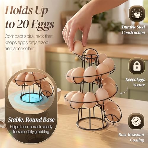 Flexzion Egg Skelter Modern Spiral Egg Holder Countertop (Medium Egg Display) - Freestanding Wired Countertop Egg Holder for Fresh Eggs, Dispenser Stand, Storage Rack for Kitchen, Black | Wire Chicken Egg Basket and Rotating Skelter Rack for Fresh Egg Sto