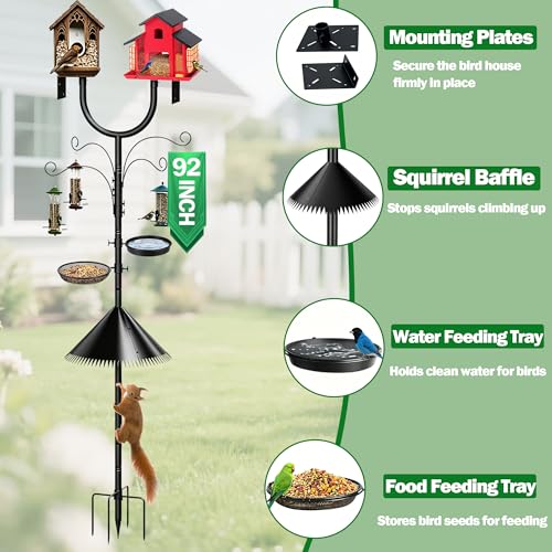 92 Inch Squirrel Proof Bird Feeder Pole, Heavy Duty Bird Feeder Stand, Adjustable Double Shepherds Hooks for Outdoor with Squirrel Baffle Birdbath Tray for Garden Attracting Wild Birds