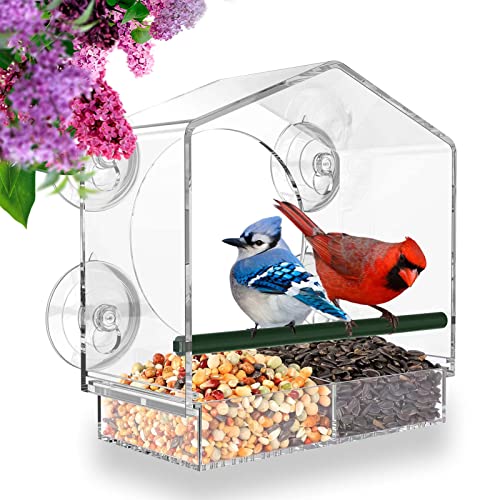 Window Bird Feeder for Outside with Strong Suction Cups, Fits for Cardinals, Finches, Chickadees etc. - style: Big House Style