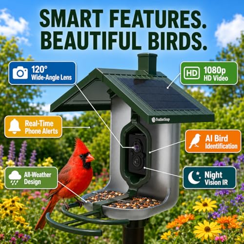 FeatherSnap Smart Bird Feeder with Camera – Solar Powered, AI Bird ID, 1080p HD Night Vision – Includes Mounting Pole – Bird Feeder with Pole