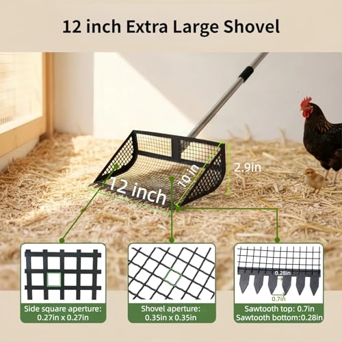 12 Inch Chicken Poop Scooper & Rake 2-in-1,5 Adjustable Levels 24.4" to 77.2" Chicken Coop Scooper for Cleaning,Shovel Metal Head, Chicken Coop Rake and Scoop with Handle,Stainless Steel