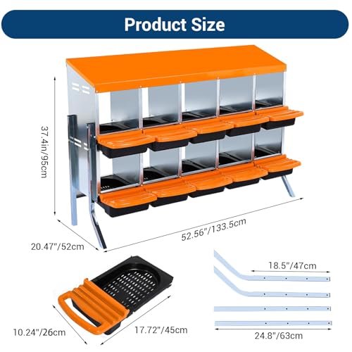 Chicken Nesting Box，Orange 10 Hole Chicken Laying Box with Bracket, Tray for Egg Collection, Large Holes for Ventilation, Suitable for Chickens & Ducks - color: Orange, size: 10 Holes with legs