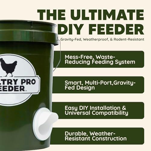 Poultry Pro DIY Chicken Feeder Port Kit - 5 Ports, Weatherproof Seals, Bushings & Hole Saw, PVC Gravity Feeder, Use for Buckets, Barrels, Bins & Troughs, No Waste Chicken Feeders (Bucket NOT Included) | As Seen on Shark Tank, Gravity Fed Chicken Feeder, f