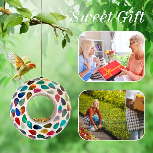 Hanging Bird Feeders for Outdoor Glass Mosaic Fly Through Wild Bird Feeder Round Shape Birdfeeder for Outside Garden Yard Patio Decoration White - color: White