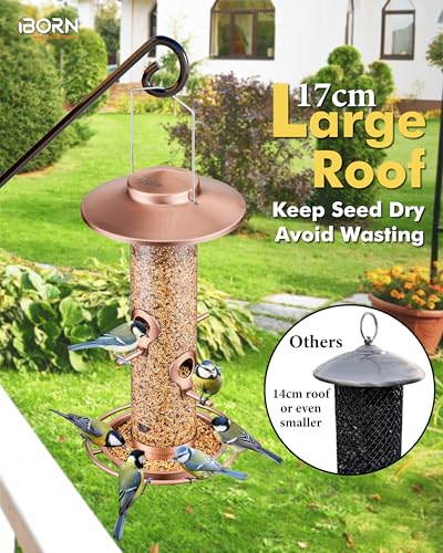 iBorn Bird Feeders for Outdoors, 1.5LB Metal Bird Feeders 17cm Large Roof &Tray, 4 Feeding Ports, Brushed Copper Finishing - color: Brushed Copper, 2LB, 4 Ports