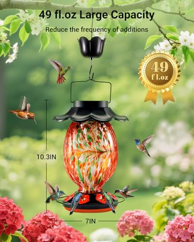 HouseSapp Solar Hummingbird Feeder - 49 fl.oz Hand Blown Glass Color Changing - 7 Feeding Ports with Perch - Never Leak - Perfect Hummingbird Feeder - color: Red