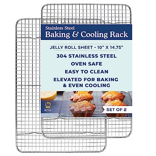 Cooling & Baking Rack Set - Sheet Pan - 10'' x 14.7" | 100% Stainless Steel, Oven-Safe, Dishwasher-Safe, Heavy Duty Tight-Wire, Set of 2, Half Sheet Pan Cooling Racks, Easy Clean - size: 10.0" x 14.75" 2-Pack