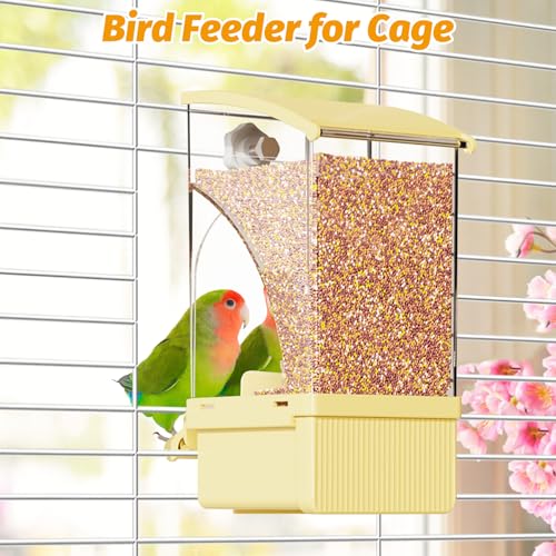BNOSDM No Mess Bird Feeder Transparent Automatic Bird Cage Feeder with Perch Acrylic Parrot Food Container Parakeet Cage Accessories for Parakeets, Budgies, Cockatiel, Finch, Canary, Lovebird (Yellow) - color: Yellow