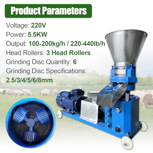 Pellet Mill Machine Animal Feed 220V w/3 Head Rollers 5.5KW | Feed Pellet Machine w/6 Grinding Discs 2.5/3/4/5/6/8mm, w/Air Switch, w/A Splash Plate, 100-200kg/h
