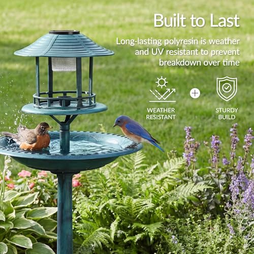 Best Choice Products Solar Outdoor Bird Bath Vintage Resin Pedestal Fountain Decoration for Yard, Garden w/Planter Base, Feeder, Decorative Bird Cage, Fillable Stand - Peacock Blue - color: Peacock Blue