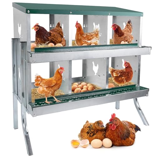 6 Compartment Chicken Nesting Box with Elevated Metal Legs Heavy | Protect Eggs Under Lid; Support Poultry Nesting; Slide Tray For Cleaning; Improve Nest Cleanliness; Metal Poultry Nest Box - color: Green&Silver