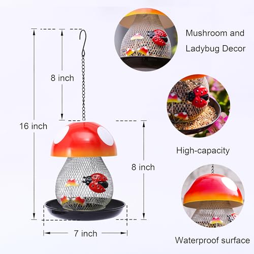 Mushroom & Ladybug Metal Bird Feeder - 16" Hanging Wild Bird Feeder with Decorative Accents, Large Capacity Outdoor Birdfeeder for Cardinals and Songbirds, Perfect Garden Gift