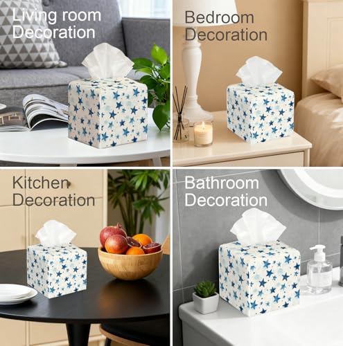 Watercolor Star Tissue Box Cover, PU Leather Holder with Blue Star Pattern for Living Room/Bathroom/Bedroom/Kitchen, Gift for Housewarming & Style-Focused Homeowners - color: White Decoration Theme-03