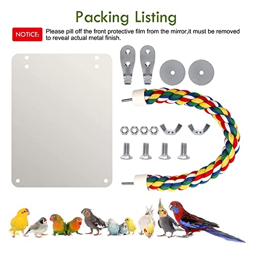 Stainless Steel Bird Cage Mirror, Parakeet Mirror with Rope Perch, 10.6 in | 10.6 in Mirror for Medium Birds, Rope Perch for Standing, Hanging Cage Hook, Stainless Steel Surface, Cockatiels & Conures - size: Large(10.6 * 7.87)