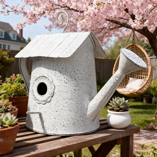 Vintage Metal Hanging Birdhouse, Decorative Bird House in Watering Can Design with Flower Accent, Rustic White Finish, Ideal for Garden and Outdoor Decor - color: White-Watering Can