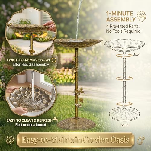 VECELO Antique Gold Metal Bird Bath for Outside, 28.7" Freestanding Pedestal Birdbath with Vintage Butterfly & Bird Decor, 15.4" Bowl Diameter, Easy Assembly Heavy-Duty Iron Garden Decoration