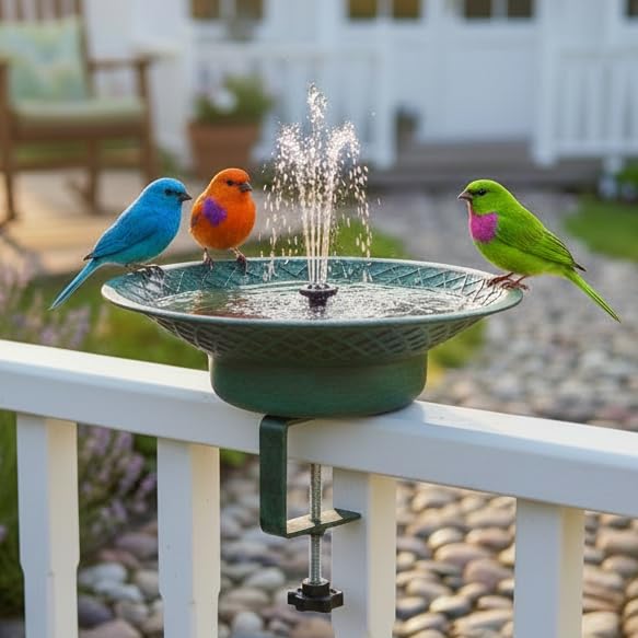 Deck Mounted Bird Bath for Outside, 12.6" Solar Bird Bath with Fountain | Metal Deck Mounted Bird Feeder with Adjustable Railing Clamp for Balcony & Patio, Outdoor Birdbath for Garden Yard Decor - color: Green