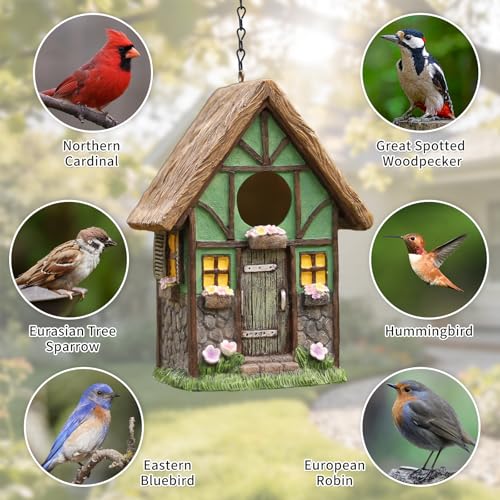 Bird Houses for Outside Rustic Cottage Birdhouse with Thatch Roof Hand-Painted Resin Birdhouses for Outdoors for Bluebird Finches Cardinals Bird Nesting Garden, Patio, Yard - color: Green
