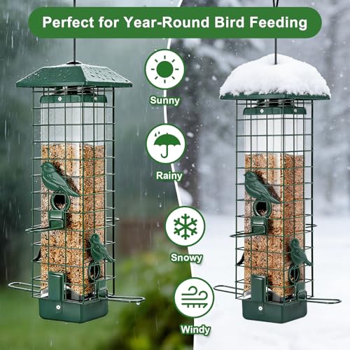 Gbekery Squirrel Proof Bird Feeder, Metal Mesh Feeders for Outdoors Hanging, Gravity Protection Wild Bird Feeders for Finch Chickadee, Weather Resistant, 3LB Large Capacity, Green - color: Green Square