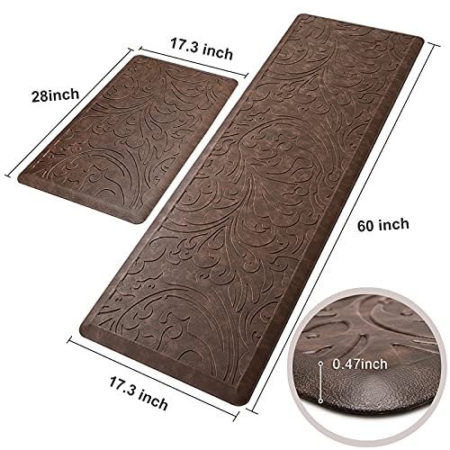 KMAT 2PCS Kitchen Mat Cushioned Anti-Fatigue Comfort Standing Mat Rug | Waterproof Non-Slip Ergonomic Comfort Rug Home,Office,Sink,Laundry,Desk 17.3"x28"+17.3"x60",Brown - color: Brown, size: 1'5" x 5' +1'5" x 2'4" (Rectangular)