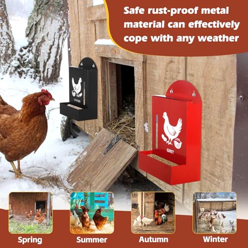 2 Pack Chicken Grit and Oyster Shell Feeder, Metal Oyster Shell Feeder with Visual Window and Lid, Hanging Gravity Chicken Grit Feeder, Chicken Coop Accessories for Healthier Hens and Eggs