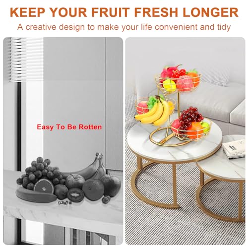 Livabber Fruit Basket Bowl with Banana Hanger, Fruit Vegetable Storage Basket with Banana Tree Holder for Kitchen Counter, Detachable Organizer for Bread Snack Produce (Gold, 3-Tier Metal Base) - color: Gold, style: 3-Tier Metal Base
