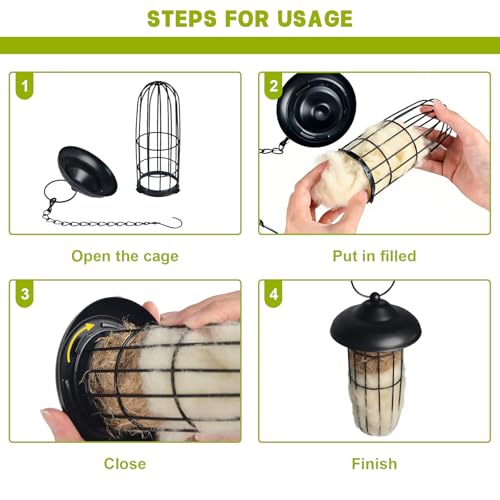 2PCS Bird Nesting Material, Refillable Hummingbird Nesters Metal Cage Holder with Wool Material for Wild Birds Nesting Station, Nest House for Bird Lover Gifts, Bird Watching Gifts for Outdoor Patio - color: Black-2pcs