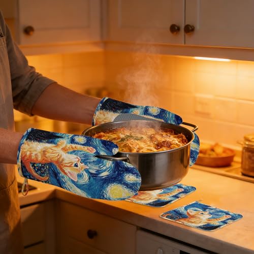 Kitchen Mitts Set,Cute Cat Oven Mitts and Pot Holders Sets,Thick Cotton Heat Resistant Blue Starry Sky Hot Pan Holder Extra Long Cooking Mitts for Cooking Baking Grilling BBQ Bakeries - color: Cute Cat