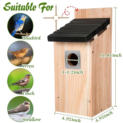 Dreyoo 3 Pack Bluebird Box Houses for Outside,1-1/2'' Entrance Hole Wooden Bird Houses with Metal Guard, Secure Latch,Fledgling Grooves,Air Vents for Bluebird Wren Swallow (Black Roof,Wood Body) - color: Black Roof, Wood Body