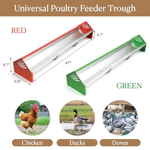 47" Chicken Trough Feeder - Galvanized Steel Feed Trough with Drainage Holes & Red Crossbar for Chicken, Duck, Turkey | Heavy Duty, Rust-Proof & Easy-Clean Design - color: Green