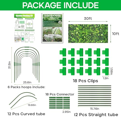 Garden Mesh Netting Kit, 10 * 30FT Ultra Fine Plant Netting Covers with 6 Pcs Garden Hoops & 18 Clips, Row Cover Net Protection for Tree Fruit Barrier Vegetable Fruits Flowers Shrubs Plant Covers Net - size: 10X30FT