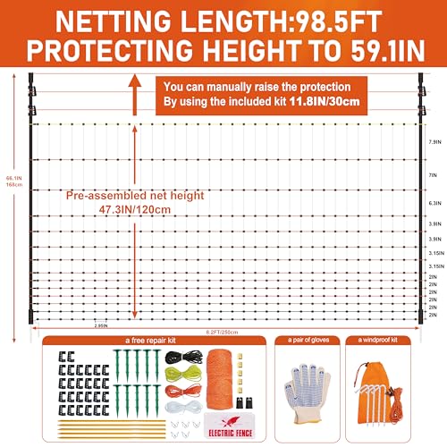 2 Rolls Poultry Electric Netting Fence - 47.3''H (can be Manually Raised to 59.1''H) x (98.5'L+65.6'L) for Flying Chicken, Sheep, Goats in Farms, Ranches and Gardens, PK2 - style: (47.3 to 59.1)" x (98.5'+65.6') - PK2