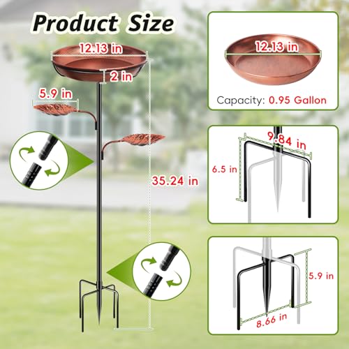 35'' Metal Bird Bath for Outside, 12 x 2-Inch Birdbath Bowl, Bird Feeder | 0.95-Gallon Vintage Brown Freestanding Birdbath with Removable Bowl, 6.5-Inch 5-Pronged Base for Gardens, Patios and Yards
