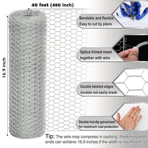 Chicken Wire Fencing Mesh, 16.9 Inch x 40 Feet Metal Floral Chicken Wire Fence for Crafts Poultry Garden, 0.6 Inch Hexagonal Galvanized Hardware Cloth Netting for Chicken Coop Barrier Rabbit Cage - size: 16.9in x 40ft