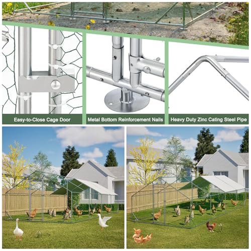 10' x 26' Large Metal Chicken Coop, Outdoor Heavy-Duty Chicken Run with Waterproof Oxford Cover & Secure Lockable Door, Walk-in All-Weather Poultry Cage for Hens, Ducks, Rabbits, Silver - color: Silver B, size: 120.0"L x 312.0"W x 312.0"H
