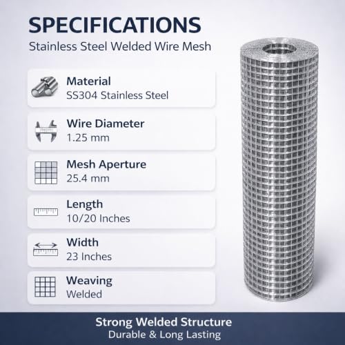 304 Stainless Steel Hardware Cloth Roll, Welded Wire Mesh for Chicken Coop, Garden Fence, Animal Barrier, Pest Control & DIY Projects (1" Opening, 23" x 20') - size: 1" Opening, 23" x 20'