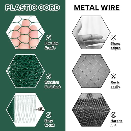 15.7” x 157” Chicken Wire for Floral Arrangements, 0.6” Hexagonal PVC Coated Galvanized Chicken Wire Mesh, Green Lightweight Fencing Wire for Garden