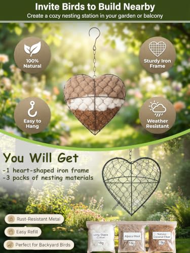 Star Shaped Handmade Alpaca Fiber Bird Nesting Holder, Refillable Natural Nesting Material for Wild Birds, Hummingbirds & Chickadees, Outdoor Garden Tree Decor, Gift for Bird & Nature Lovers - color: heart