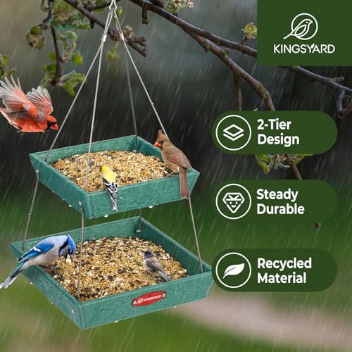 Kingsyard 2 Tier Large Platform Bird Feeder for Outdoors Hanging | Large Recycled Poly Lumber Tray, 5 Lbs Capacity, Garden Decoration Attracts Cardinal Bluebird Goldfinch, Green - color: Green