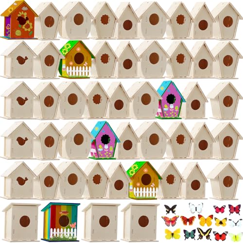 Kisston 210 Pcs DIY Birdhouse Kits for Kids Ages 5-8, 8-12, 96 Wooden Bird Houses Kit in 6 Shapes and 114 Stereoscopic Butterfly Sticker for Children Craft Class Activity Art DIY Project