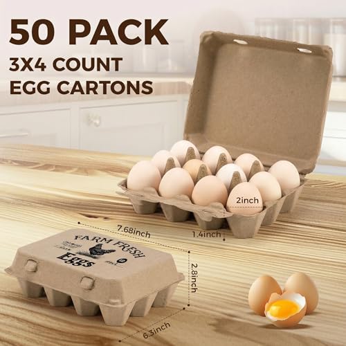 50 Pack Egg Cartons, 3x4 Style Paper Pulp Egg Trays with Printed Design, Sturdy & Reusable Egg Holder 12 Count Dozen Chicken Egg Storage Tray for Farmers, Home Use & Transport - style: 50Pcs Egg Carton with Printed