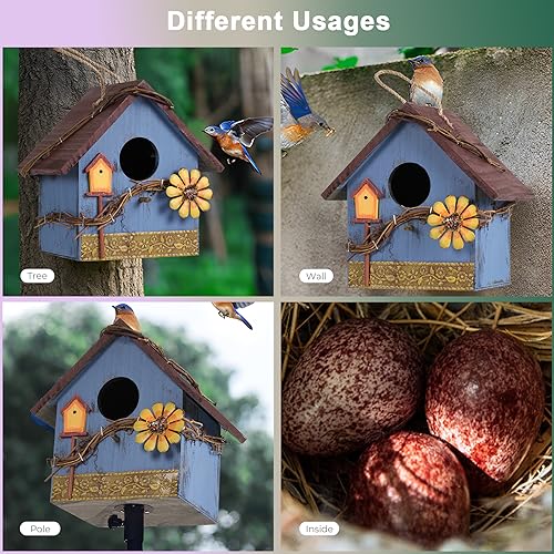 Blue Wooden Hanging Bird House Feeder for Outside Garden Wild Birds | Decorative blue wooden hanging birdhouse feeder nest box for outdoor garden, hummingbird cardinal bluebird bird lovers gift