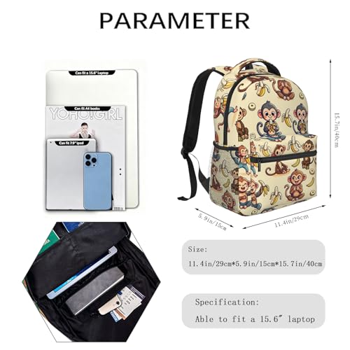 Cute Monkey and Banana Casual Backpack, Lightweight Laptop Bag Daypack, Cartoon Jungle Backpacks for Women Men Teens Students, Fun Polyester Bookbag Gifts for School Work Travel Hiking - color: Monkey