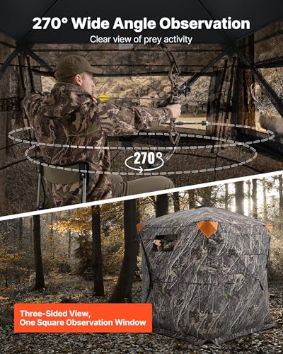 VEVOR Hunting Blind，See Through Ground Blinds with Carrying Bag, 360 Degree Portable Camouflage Tent，Durable Concealed Shelter with Silent Side Door and Window, for Turkey and Deer - size: 1-2 Person（270°See Through ）