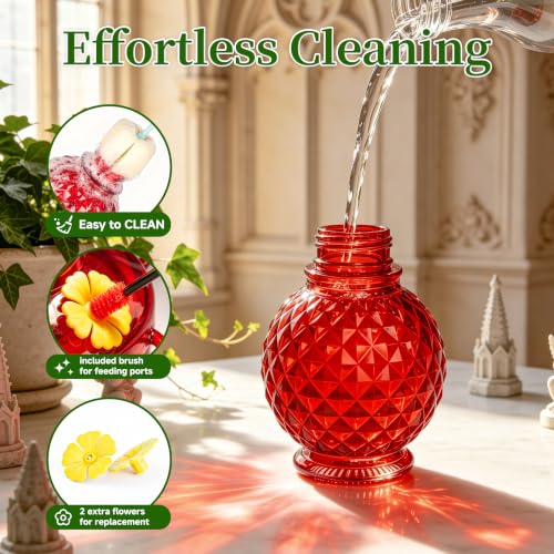 Hummingbird Feeder Glass 20 OZ 2-Pack Round Ant&Bee Proof Feeders | Red Glass Hummingbird Feeders for Outdoors Hanging with 4 Feeding Ports, Rustproof Leakproof Base, Garden Yard Décor Gifts