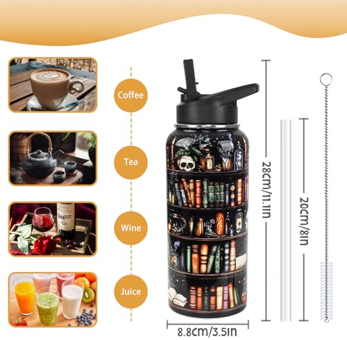 Bookshelf Water Bottle with Straws Halloween Skull Goth Insulated Bottles Travel Thermal Double Walled Vacuum Cup Leak Proof Tumbler Gifts for Readers,Reading,Bookish,Librarian-32 oz - color: black books
