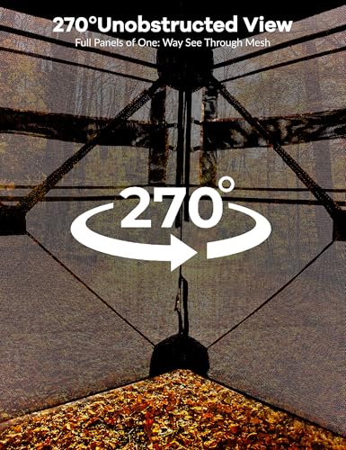Hunting Blind 270 Degree See Through Ground Blind for Turkey Deer Hunting, Camouflage Pop Up Hunting Blinds Ground Waterproof Portable Concealed Shelter with Silent Door and Carrying Bag - size: 2-3 Person