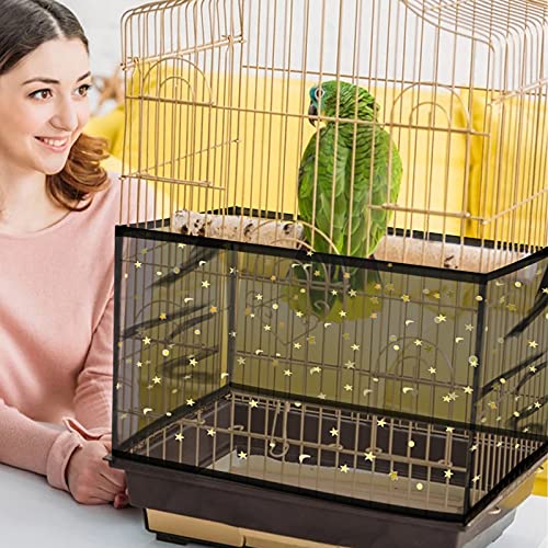 Daoeny Large Bird Cage Cover, Bird Cage Seed Catcher, Adjustable Soft Nylon Mesh Net with Twinkle Moon Star, Birdcage Cover Skirt Seed Guard for Parrot Parakeet Macaw Round Square Cages (Black) - color: Black, Sequins Star