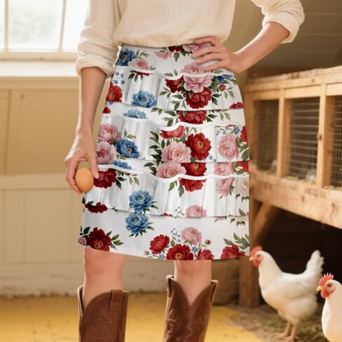 CUTHOLLOW Egg Collecting Apron for Adlut, Housewife, 18 Deep Pockets Hen Egg Gathering Holding Apron with Elastic Closures - style: Peony Flowers