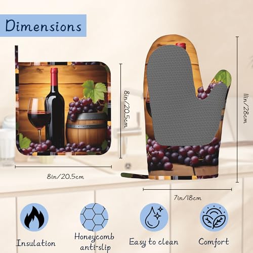 Kitchen Mitts Set,Grape Wine Bottle Oven Mitts and Pot Holders Sets,Thick Cotton Heat Resistant Farmhouse Barrel Hot Pan Holder Extra Long Cooking Mitts for Cooking Baking Grilling BBQ Bakeries - color: Grape Wine Bottle
